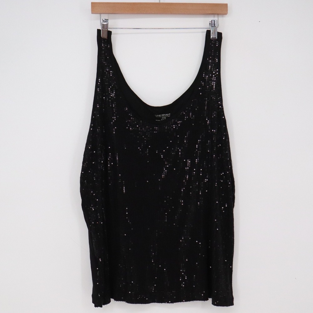 Lane Bryant Tank Top Womens 22/24 Sequin Front Scoop Neck Black Stretch